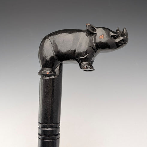 ヴィンテージ 極太ブラックシャフト ライノ彫刻ハンドル ステッキ 杖 83cm